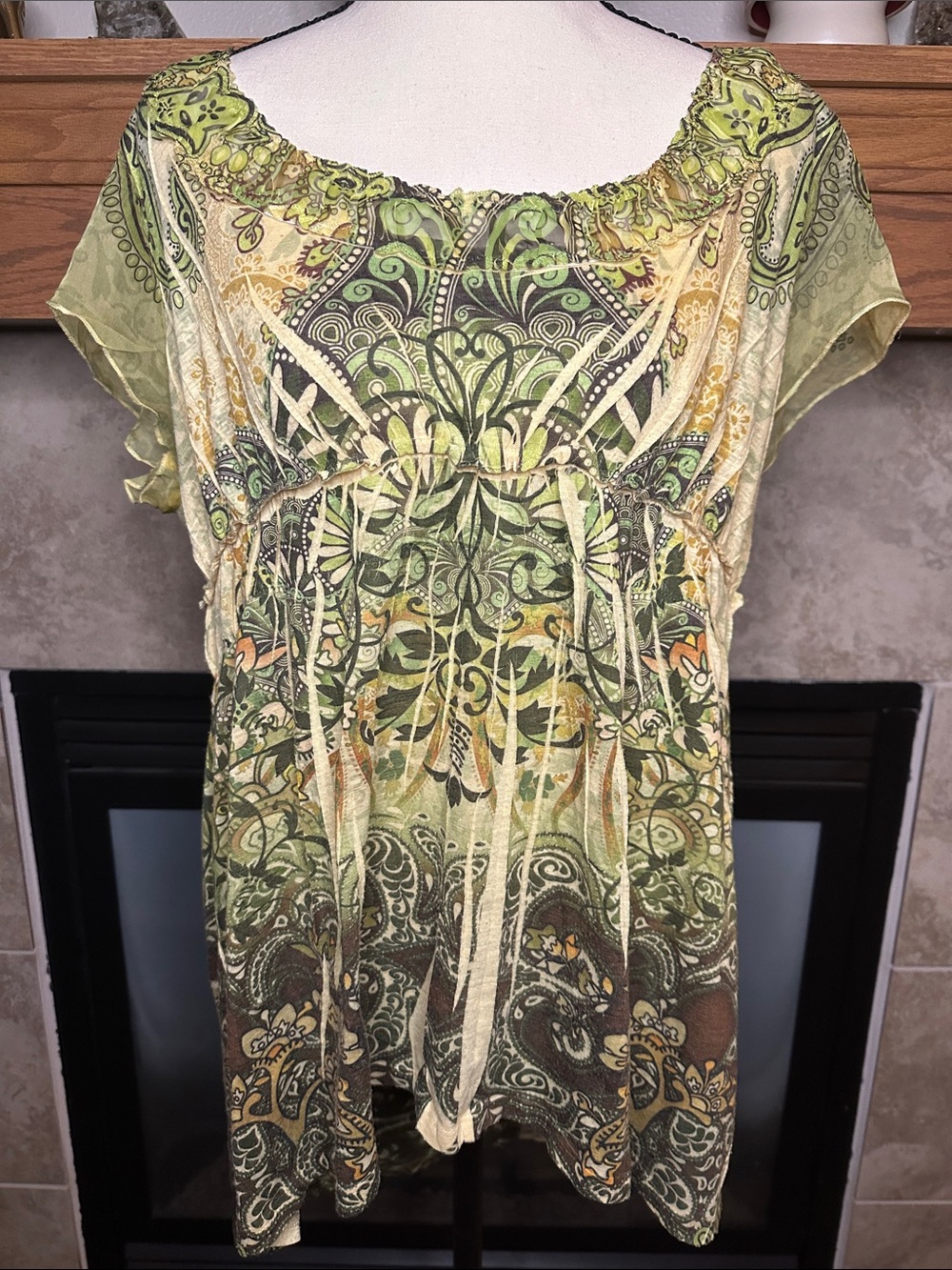 One World XL Boho Y2K Cottagecore Shirt Green & Brown Paisley Print Top